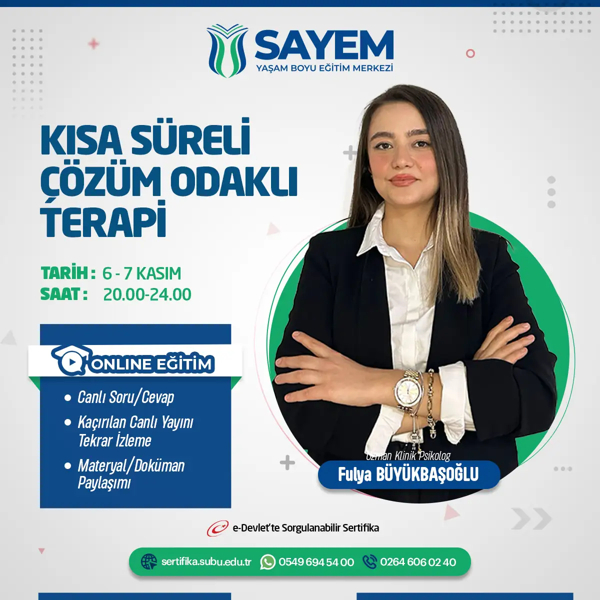 Kısa Süreli Çözüm Odaklı Terapi Eğitim Sertifika Programı (Canlı)