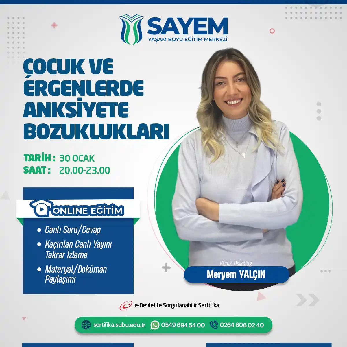 Çocuk ve Ergenlerde Anksiyete Bozuklukları Eğitimi Sertifika Programı (CANLI)